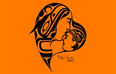 Indigenous artwork, black heart on orange background.
