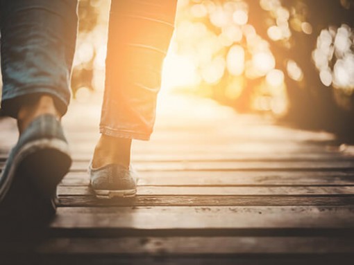 Feet walking across wooden boardwalk at ground level